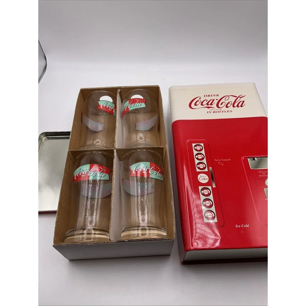 Coca Cola 1999 Coke Vending Machine Tin with 4 pc. 8 oz. Glass Set inside tin